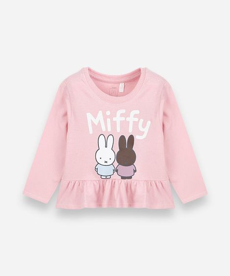 blusa peplum infantil de algodão manga longa miffy rosa