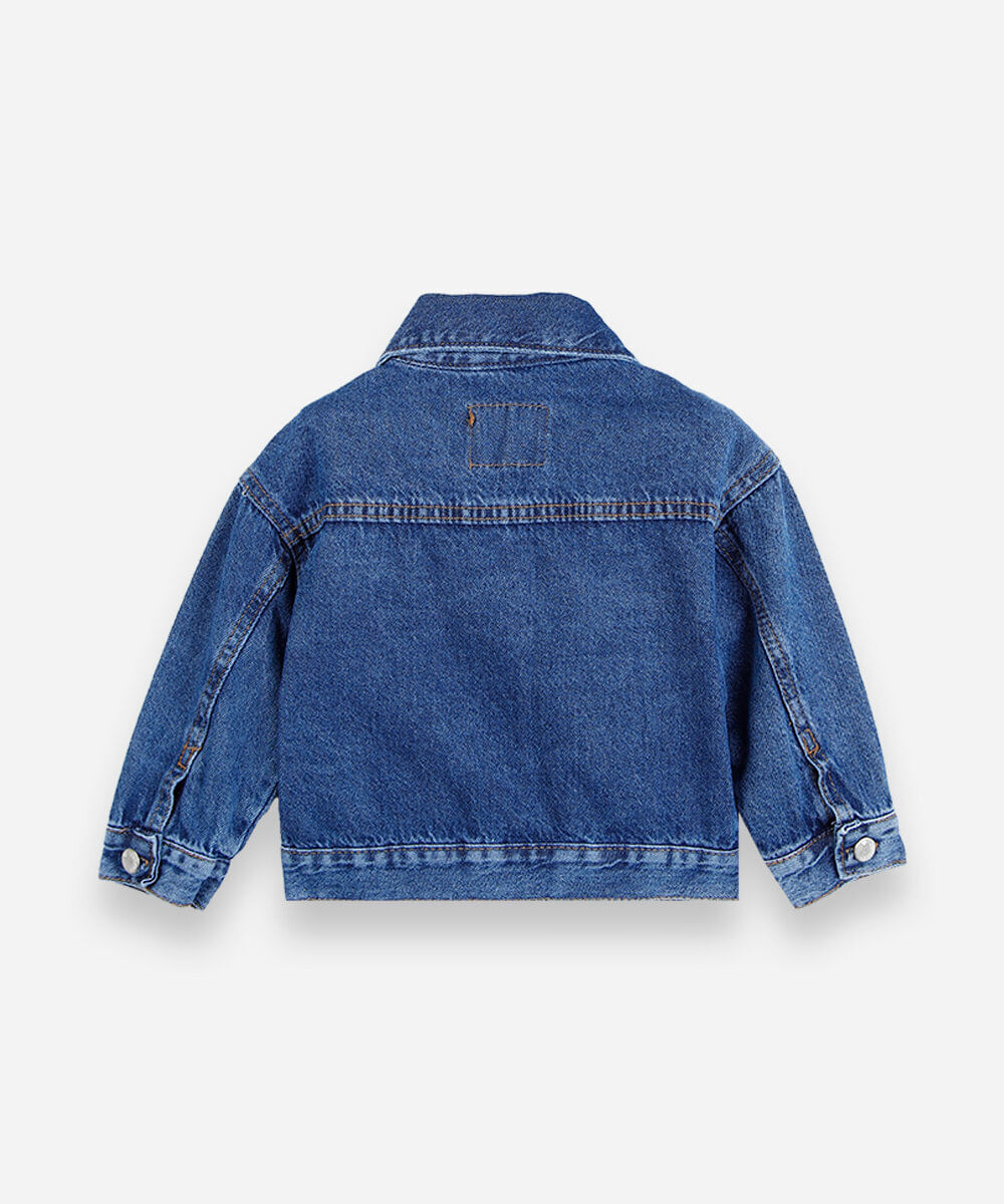 jaqueta infantil jeans com babados e bordados de ursos azul