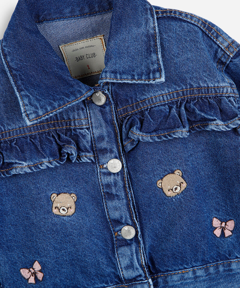 jaqueta infantil jeans com babados e bordados de ursos azul