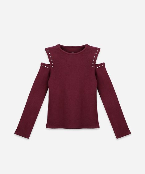 blusa infantil de algodão manga longa com recortes e tachas vinho