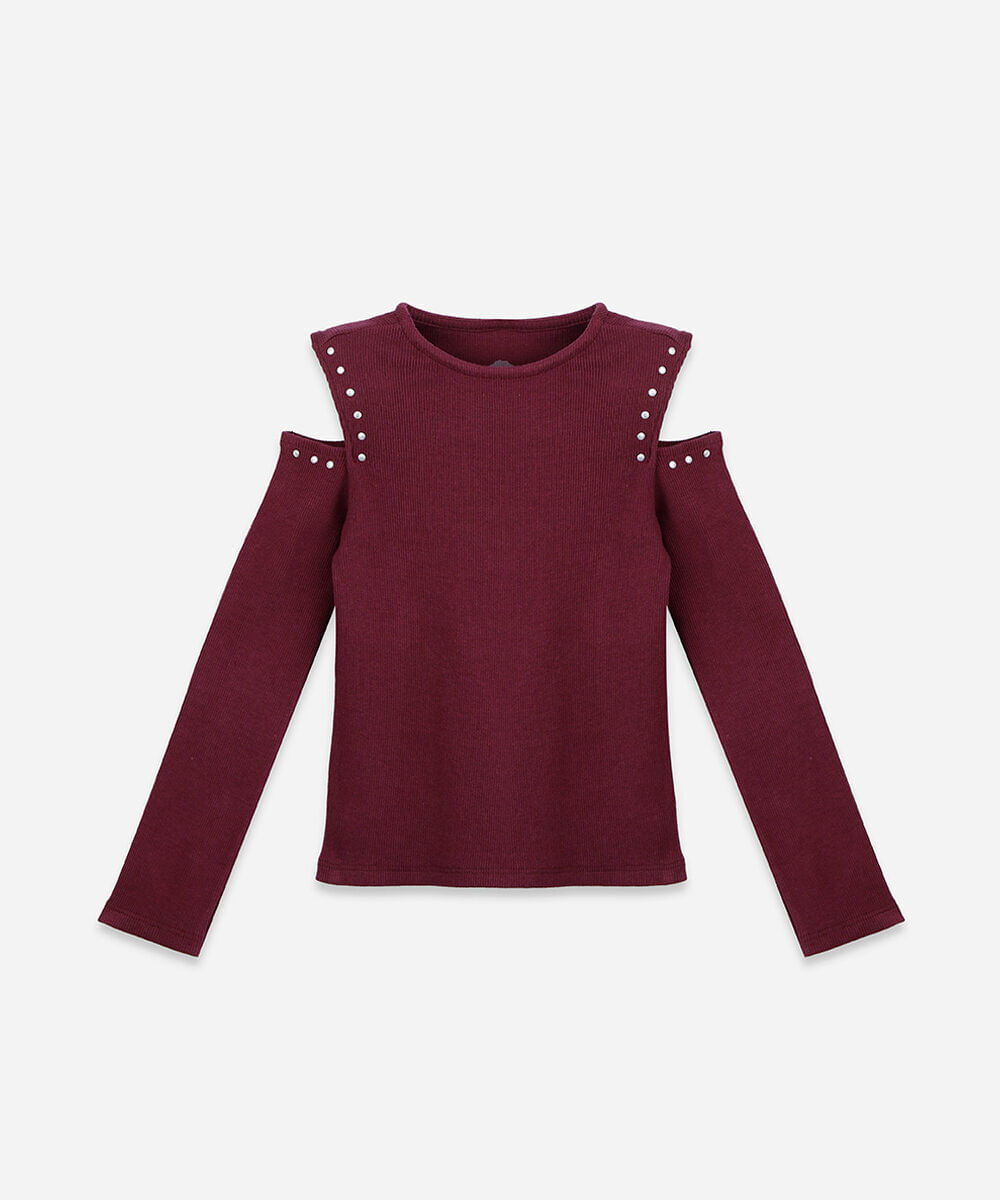 blusa infantil de algodão manga longa com recortes e tachas vinho