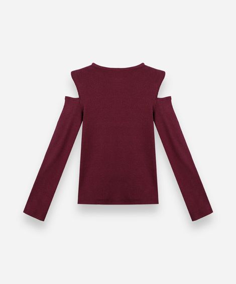 blusa infantil de algodão manga longa com recortes e tachas vinho