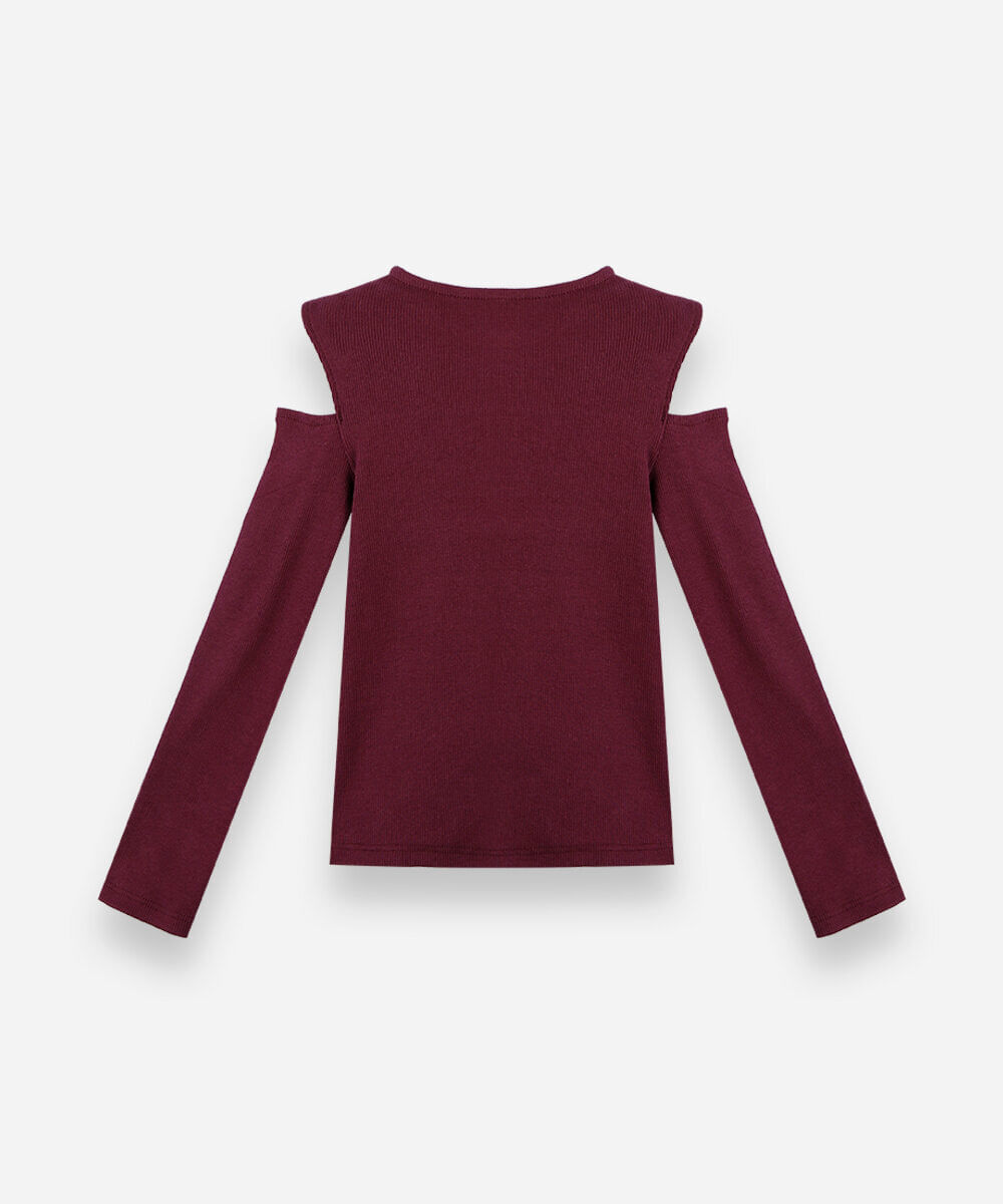 blusa infantil de algodão manga longa com recortes e tachas vinho