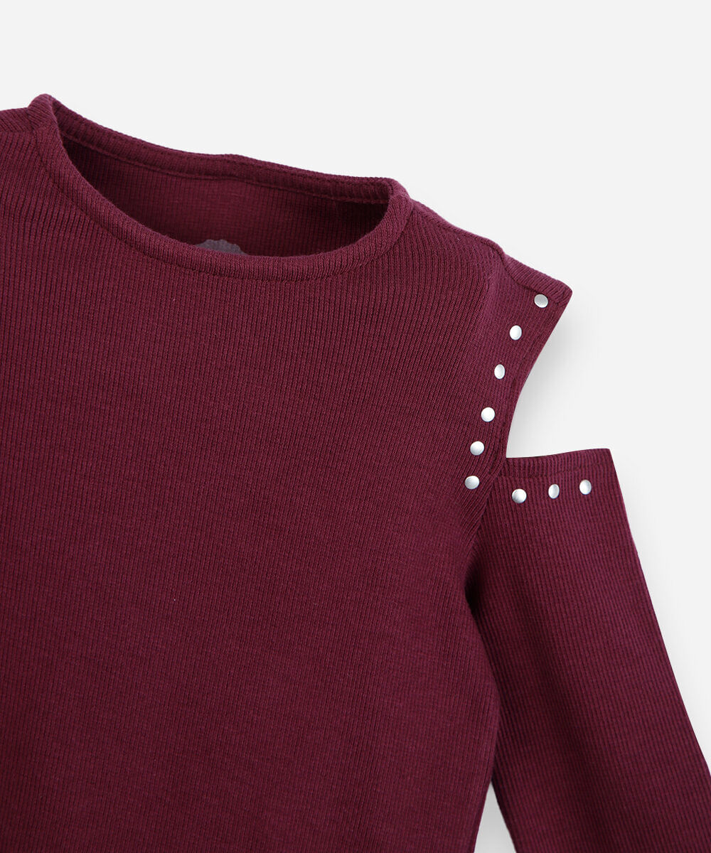 blusa infantil de algodão manga longa com recortes e tachas vinho