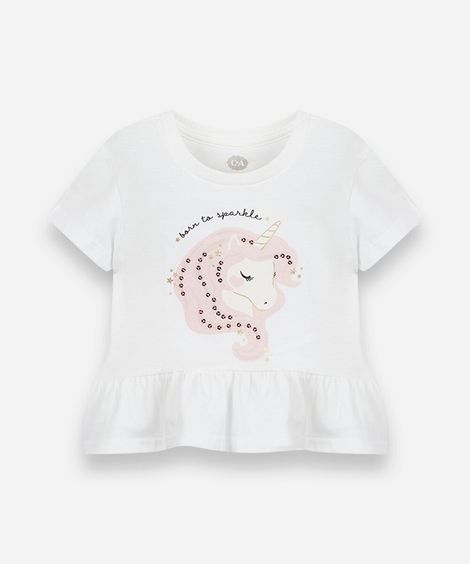 blusa infantil de algodão com babado unicórnio off white