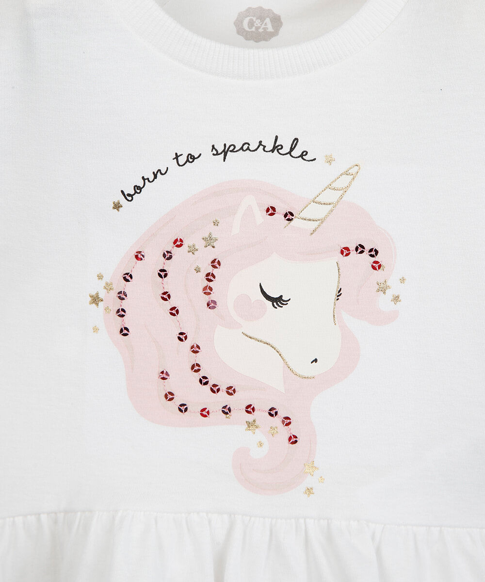 blusa infantil de algodão com babado unicórnio off white