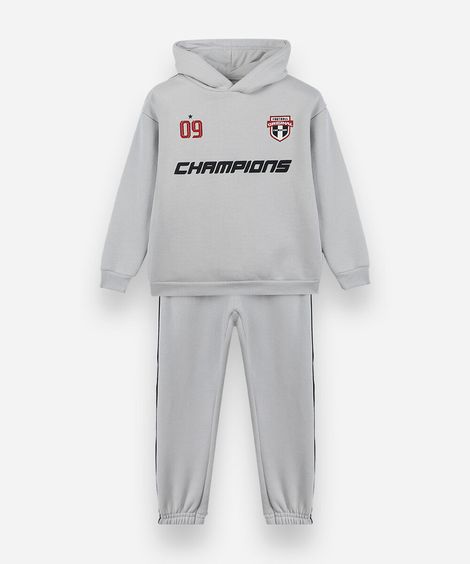 conjunto longo infantil de moletom com capuz cinza
