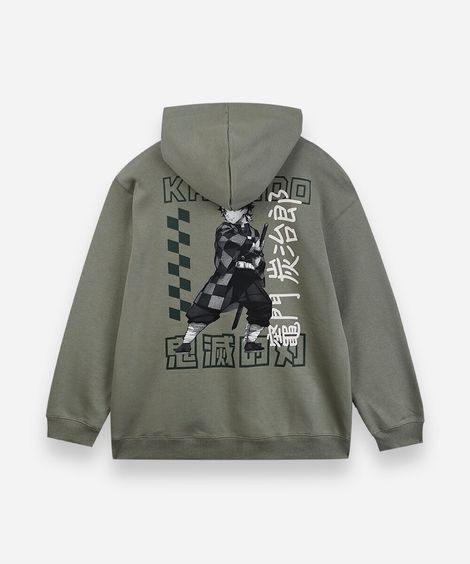 blusão oversized juvenil de moletom demon slayer com capuz verde