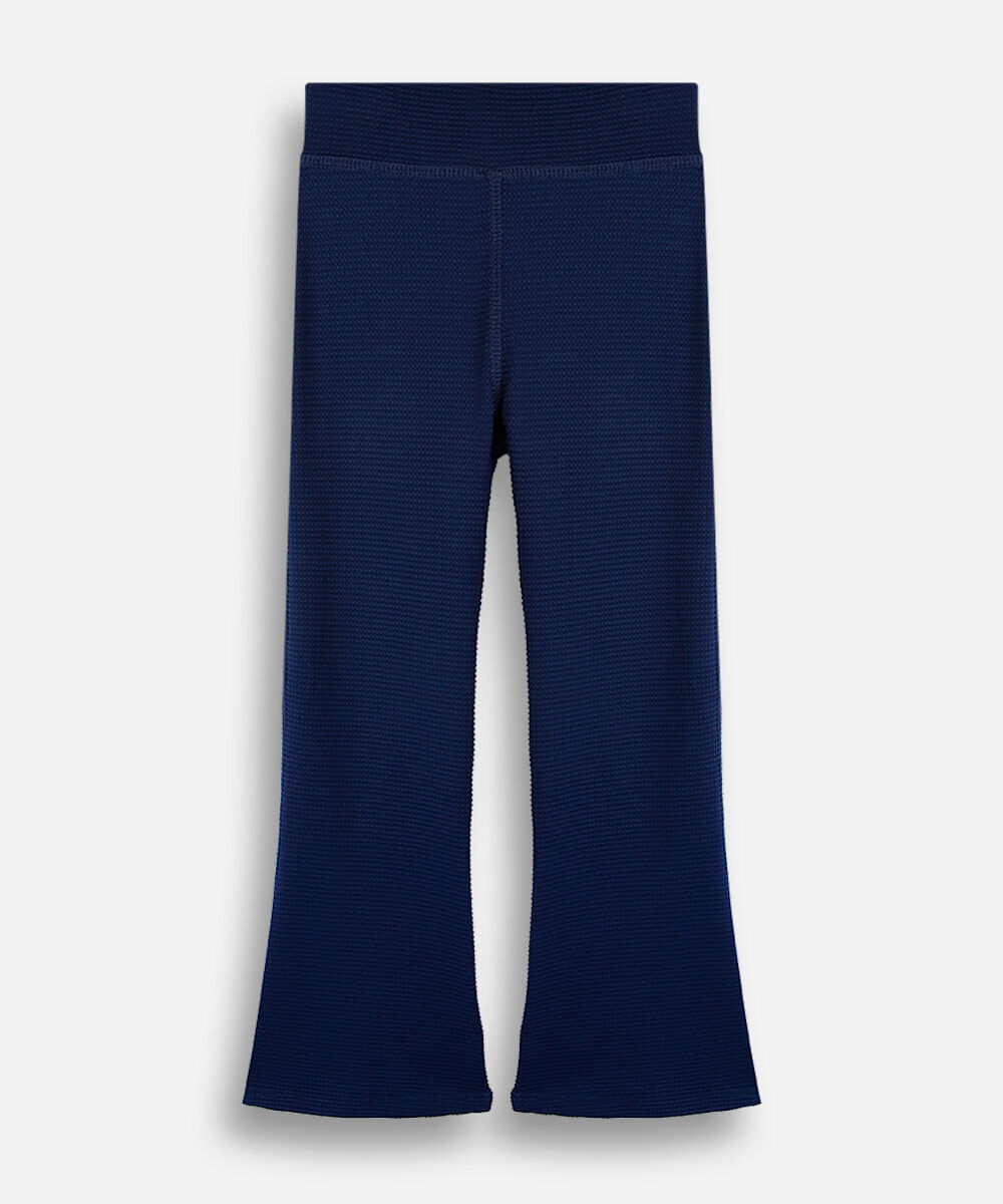 calça flare esportiva infantil de poliamida texturizada azul