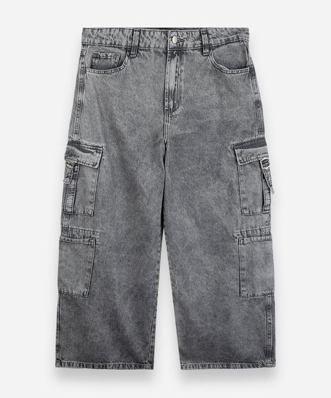 calça skater juvenil jeans multi bolsos cinza