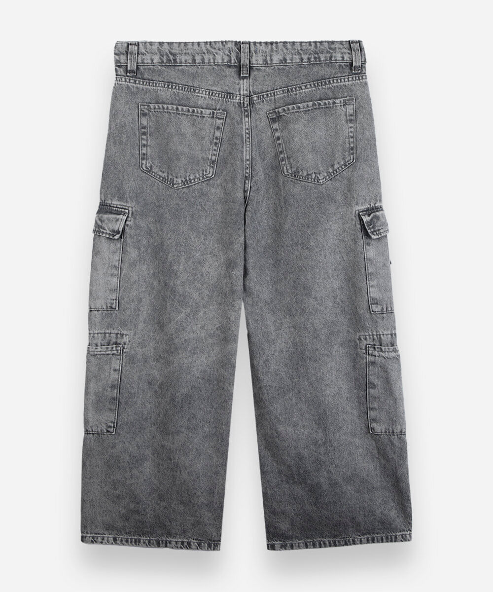 calça skater juvenil jeans multi bolsos cinza