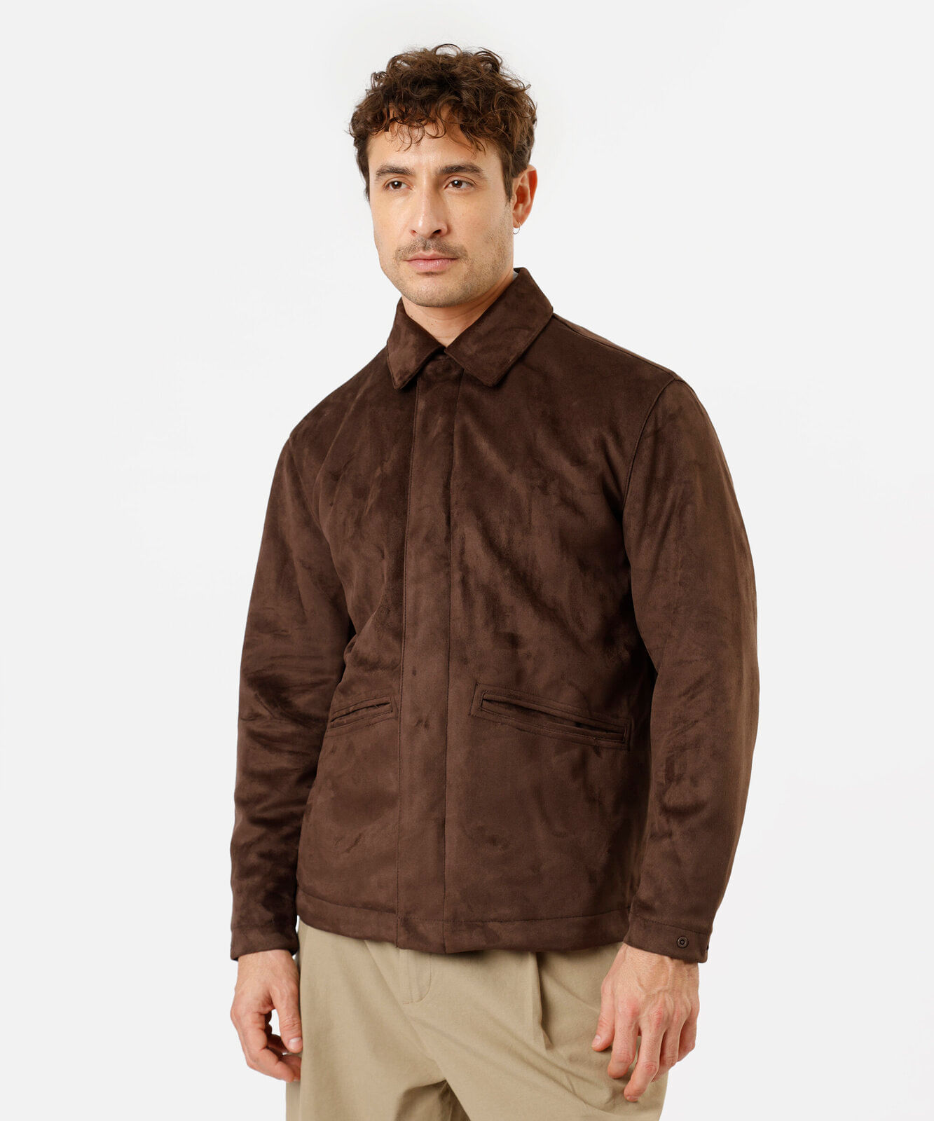 jaqueta masculina de suede com bolsos marrom