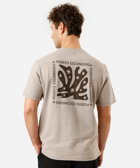 camiseta masculina de algodão manga curta estampada bege