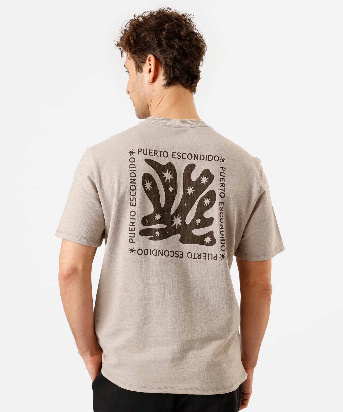 camiseta masculina de algodão manga curta estampada bege