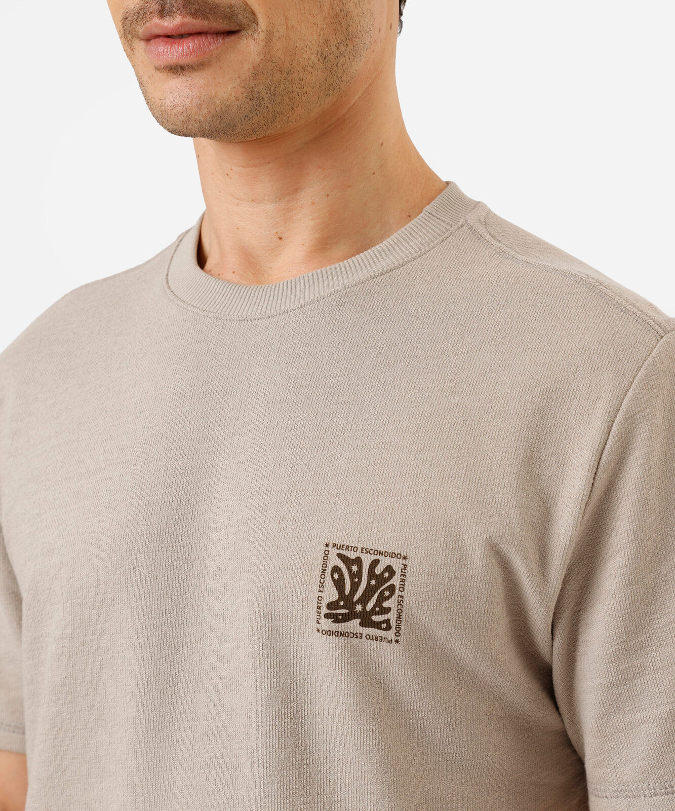 camiseta masculina de algodão manga curta estampada bege