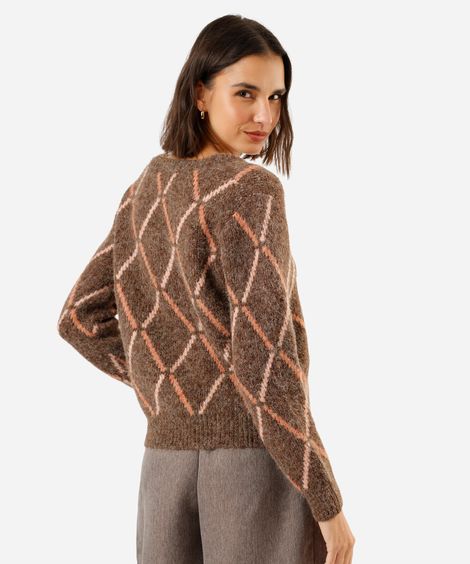 suéter feminino de tricot decote v xadrez argyle marrom