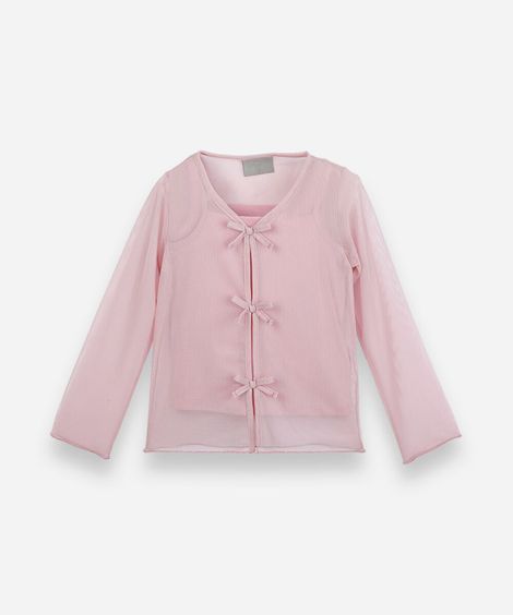 blusa infantil de tule manga longa com laços rosa