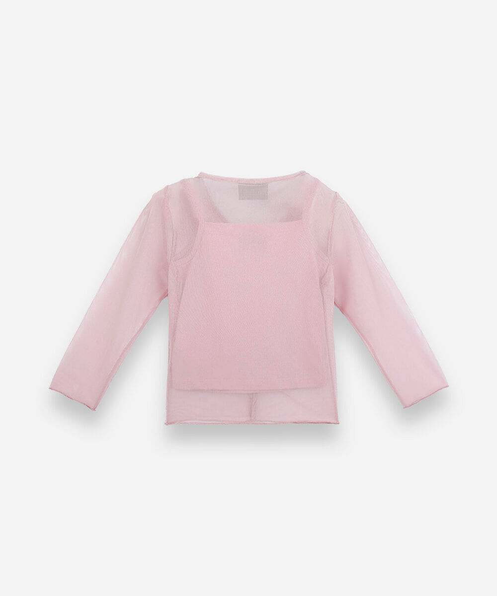 blusa infantil de tule manga longa com laços rosa