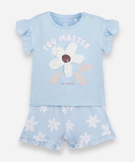 conjunto curto infantil texturizado margarida azul