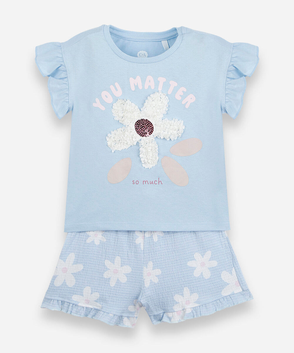conjunto curto infantil texturizado margarida azul