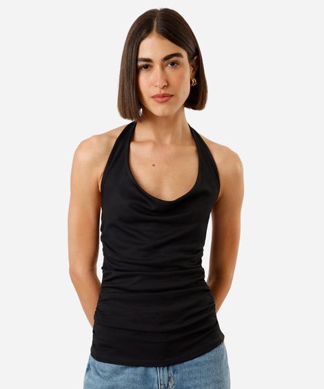 blusa frente única feminina decote degradê franzida preta