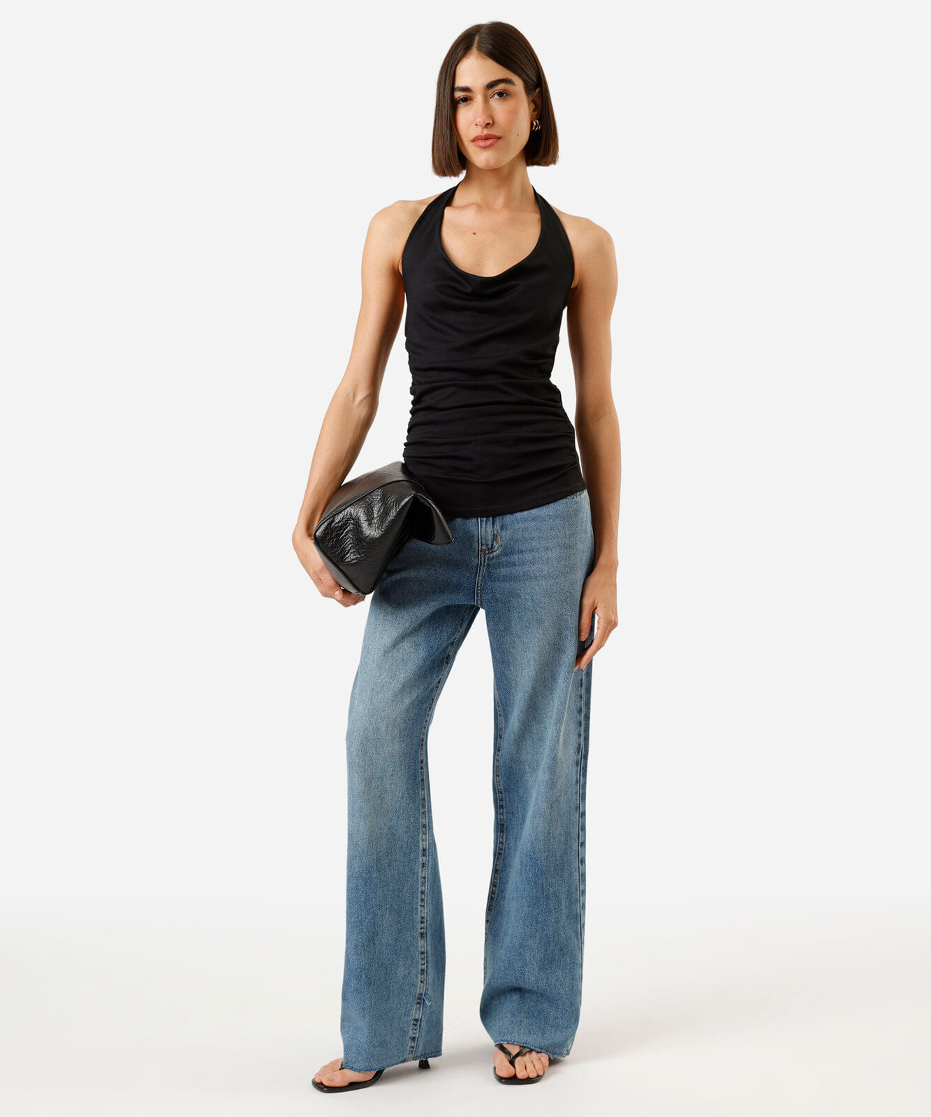 blusa frente única feminina decote degradê franzida preta