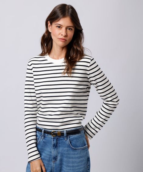 blusa feminina com algodão manga longa listrada mindset preta