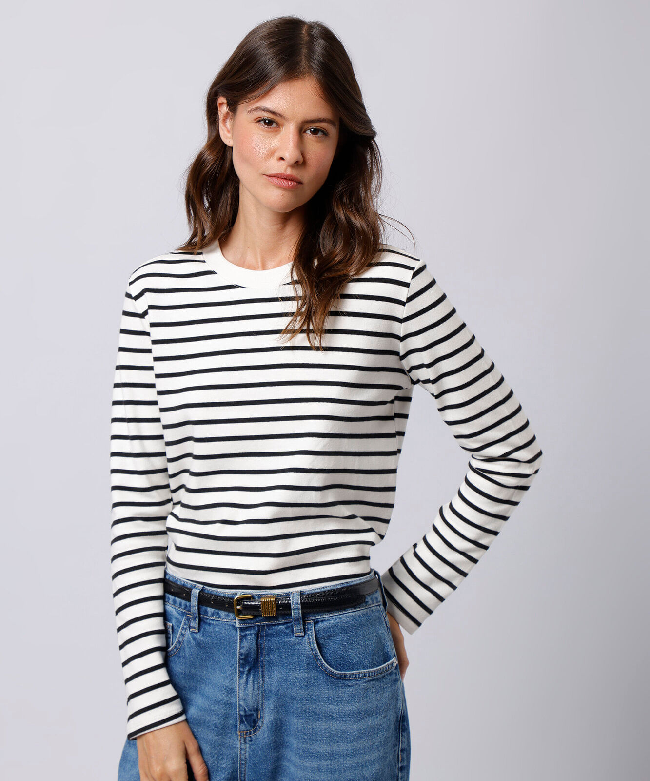 blusa feminina com algodão manga longa listrada mindset preta