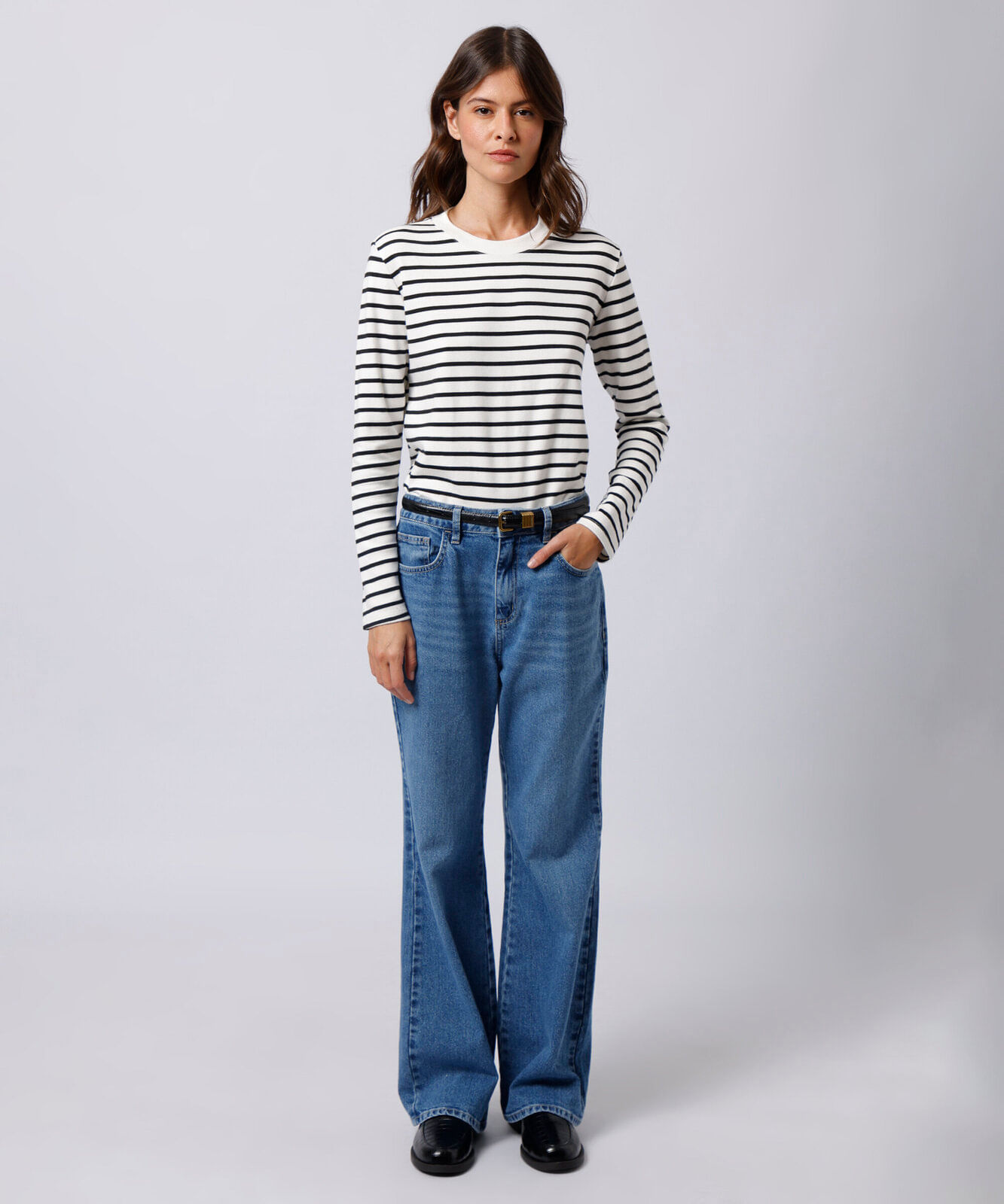 blusa feminina com algodão manga longa listrada mindset preta
