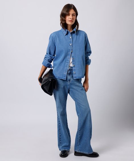 calça boot cut feminina jeans cintura alta mindset azul
