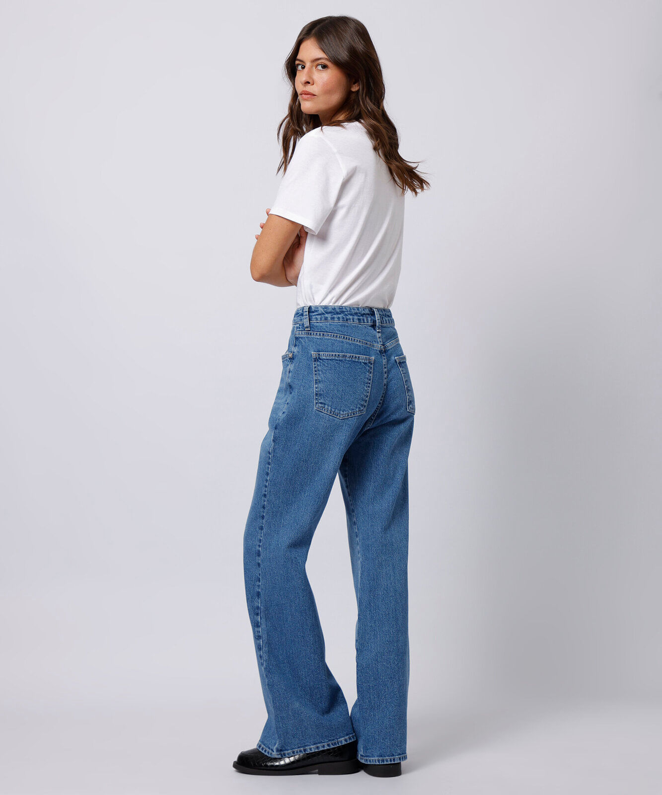 calça boot cut feminina jeans cintura alta mindset azul