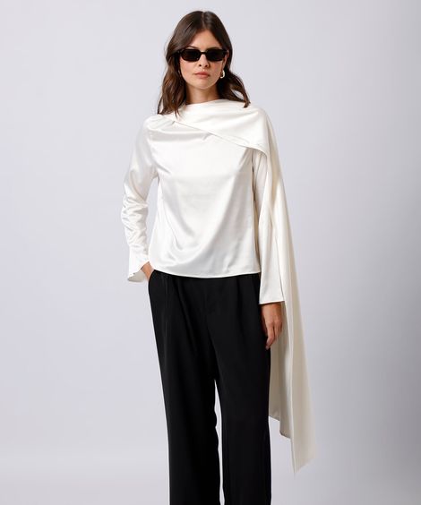 blusa feminina manga longa com capa acetinada mindset off white