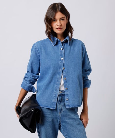 camisa feminina jeans manga longa mindset azul