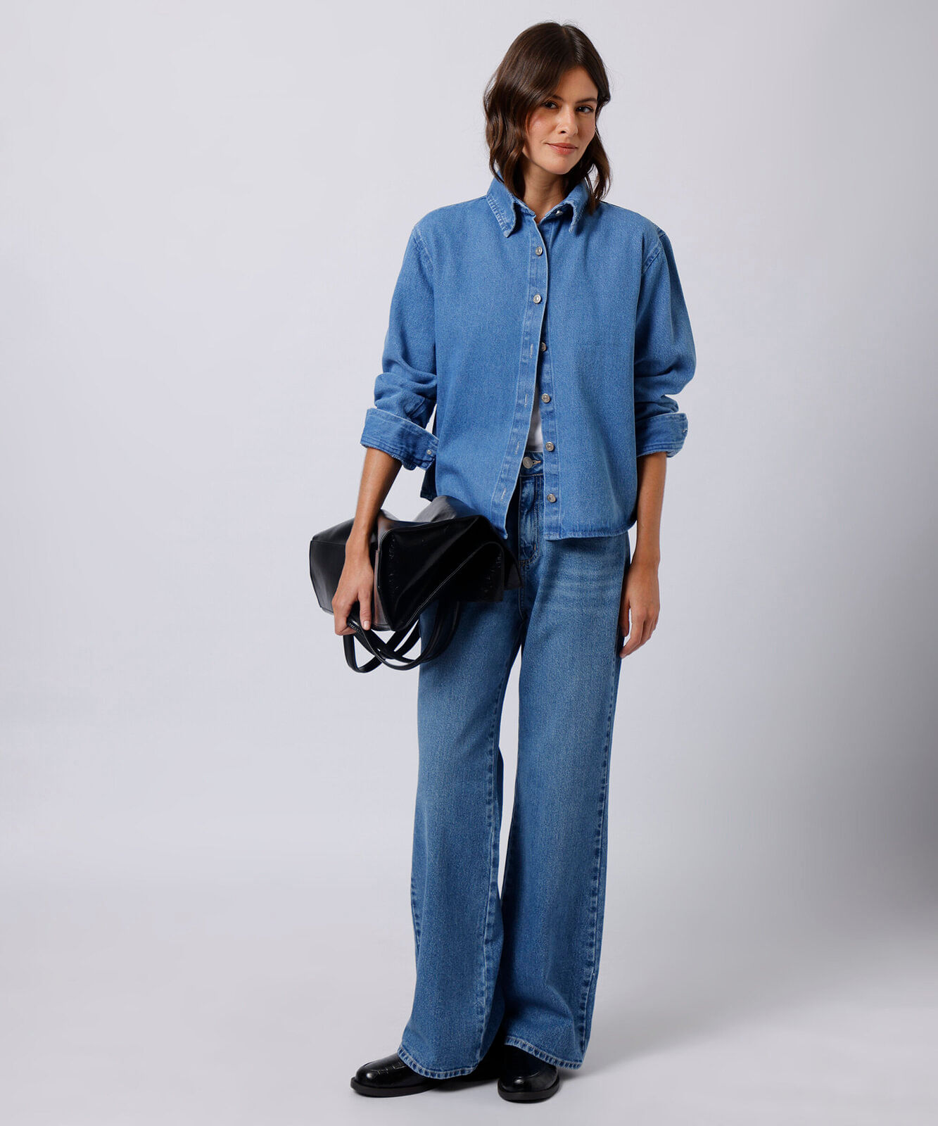 camisa feminina jeans manga longa mindset azul