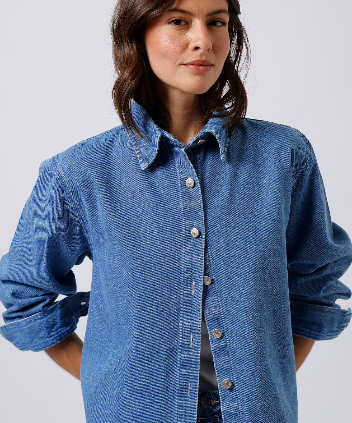 camisa feminina jeans manga longa mindset azul
