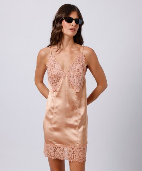 vestido slip dress feminino com renda acetinado mindset rosa