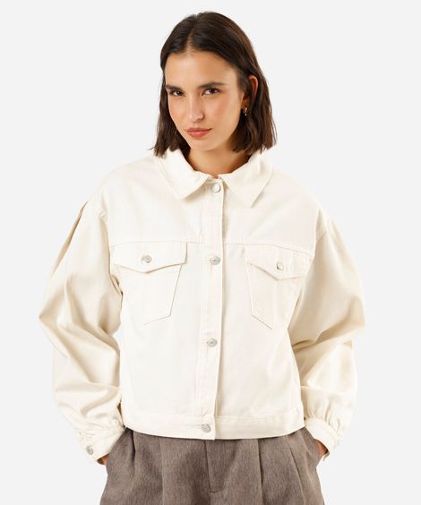 jaqueta feminina de sarja manga bufante off white
