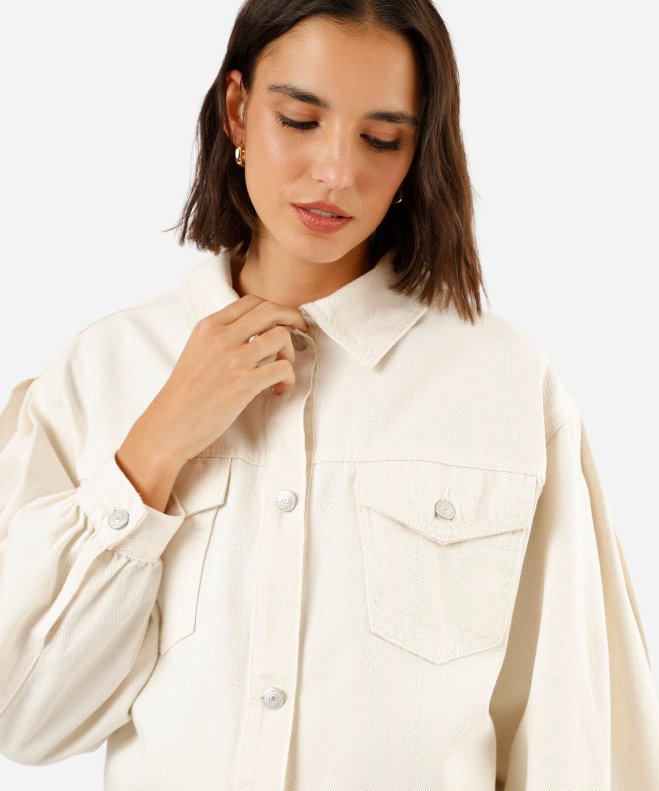 jaqueta feminina de sarja manga bufante off white