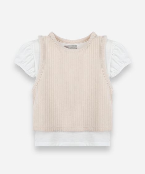 blusa infantil com algodão e sobreposição manga curta bege
