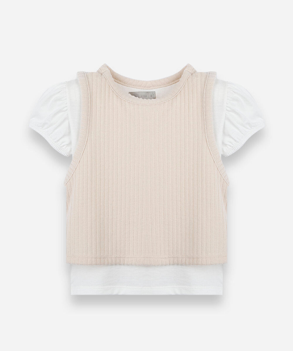 blusa infantil com algodão e sobreposição manga curta bege