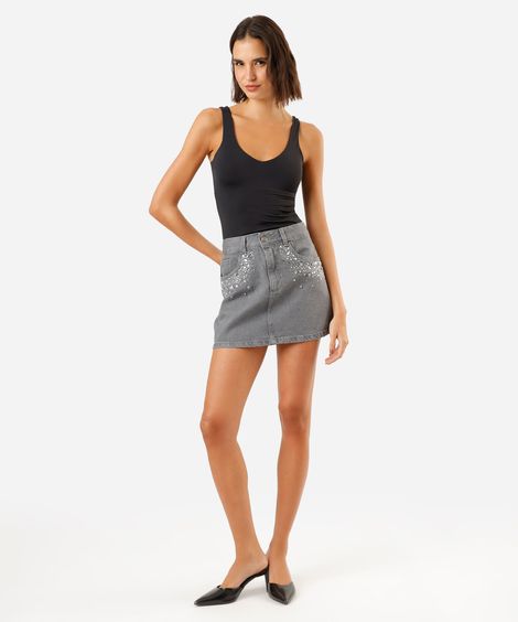 minissaia feminina jeans com brilhos cintura média cinza