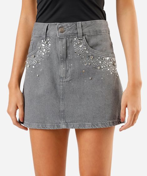 minissaia feminina jeans com brilhos cintura média cinza