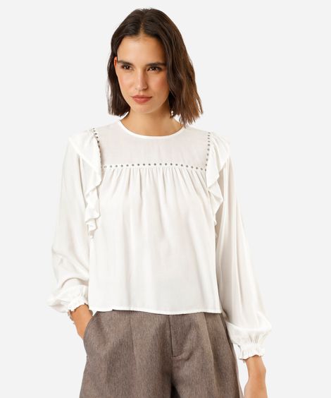 bata feminina de viscose com babado e bordado manga longa off white
