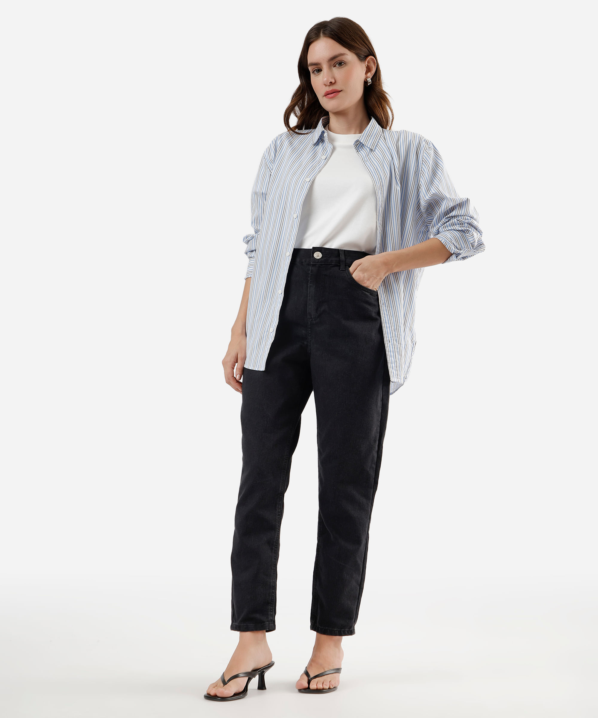 calça mom feminina jeans cintura alta preta