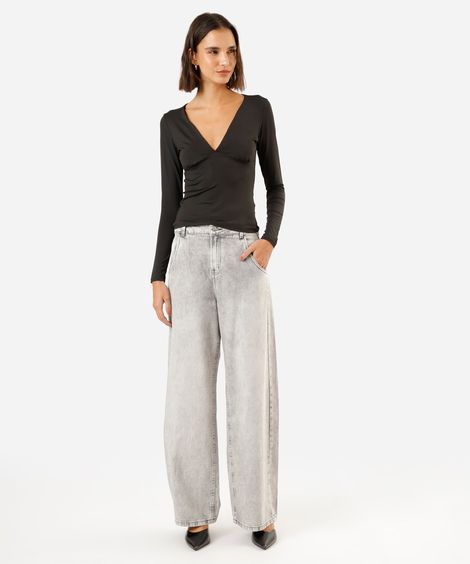 calça oversized feminina jeans cintura média cinza