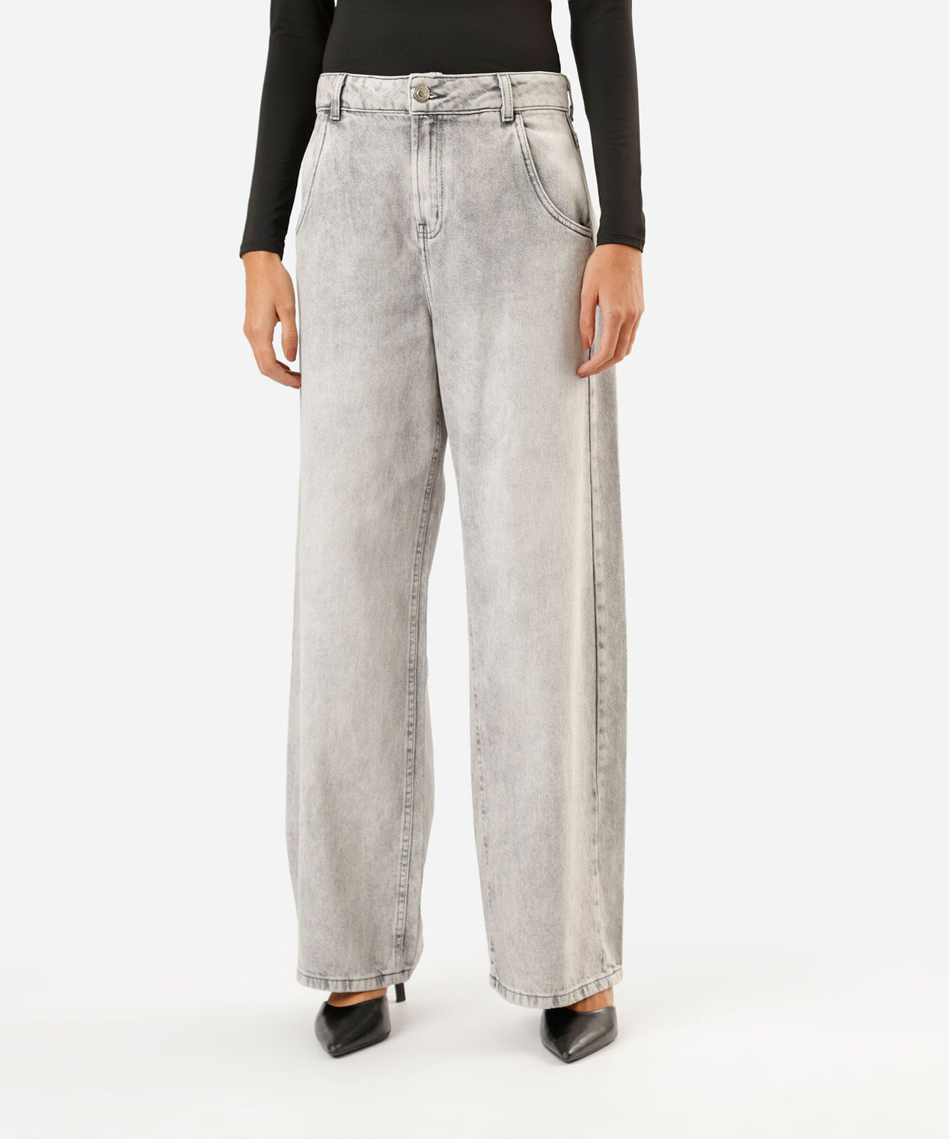 calça oversized feminina jeans cintura média cinza