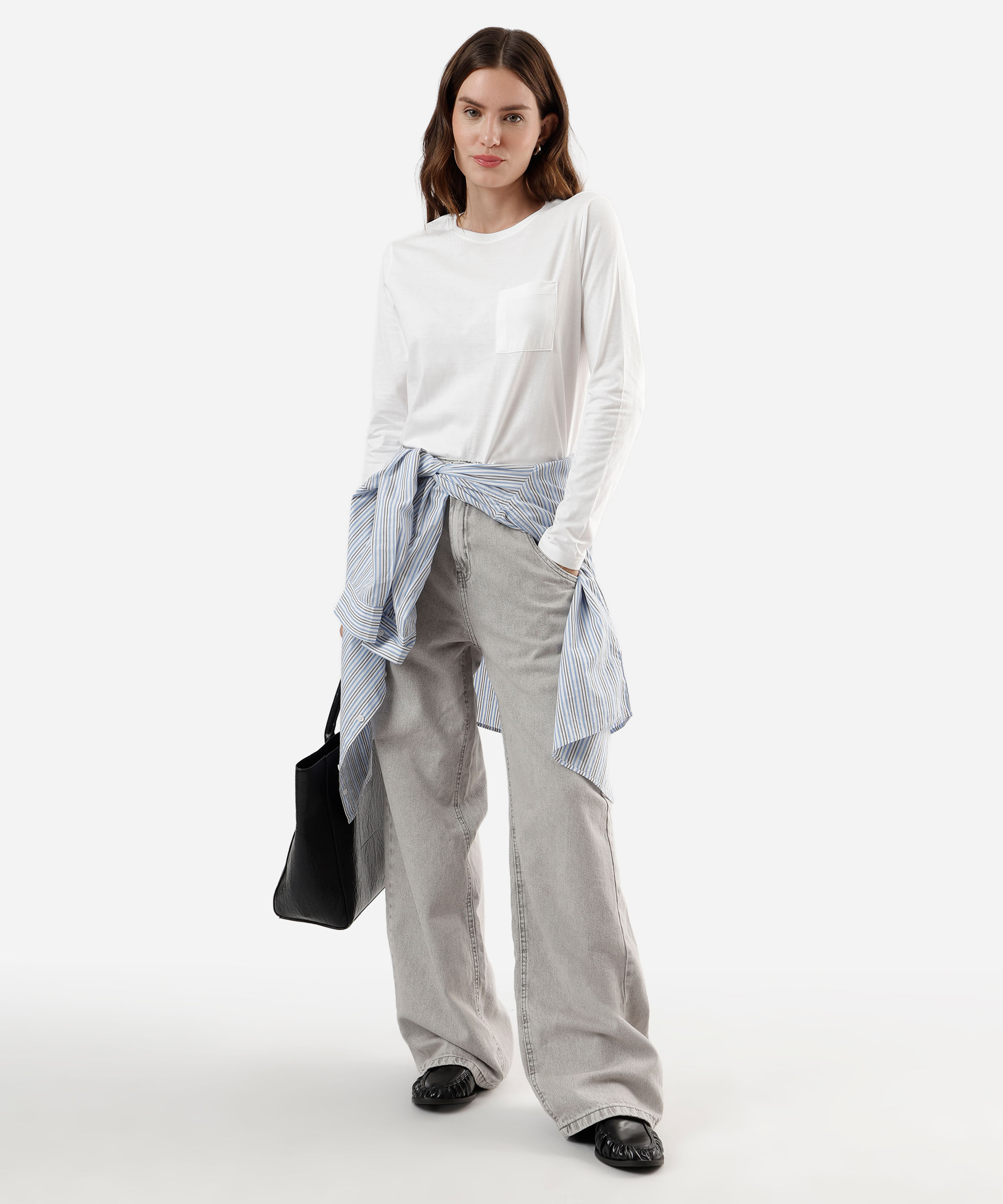 calça oversized feminina jeans cintura média cinza