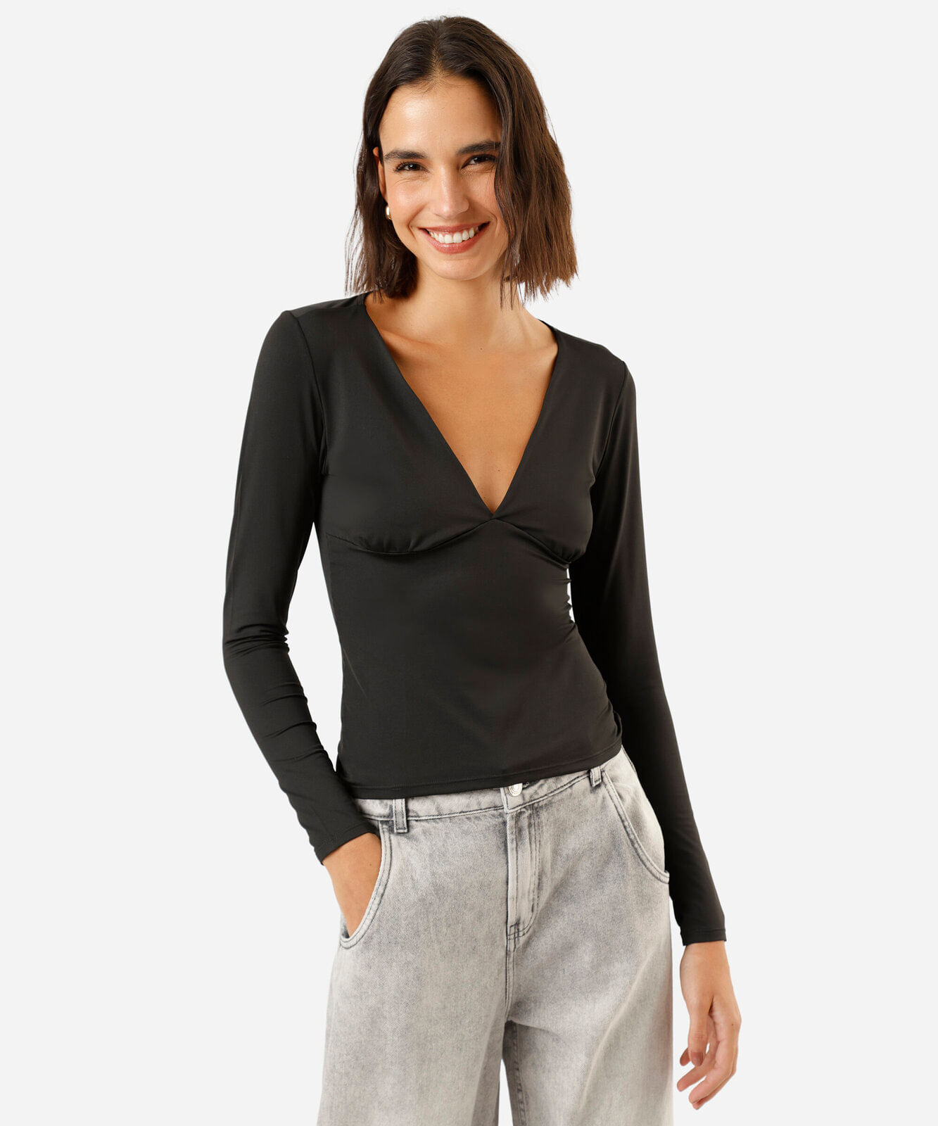 blusa feminina decote v manga longa preta