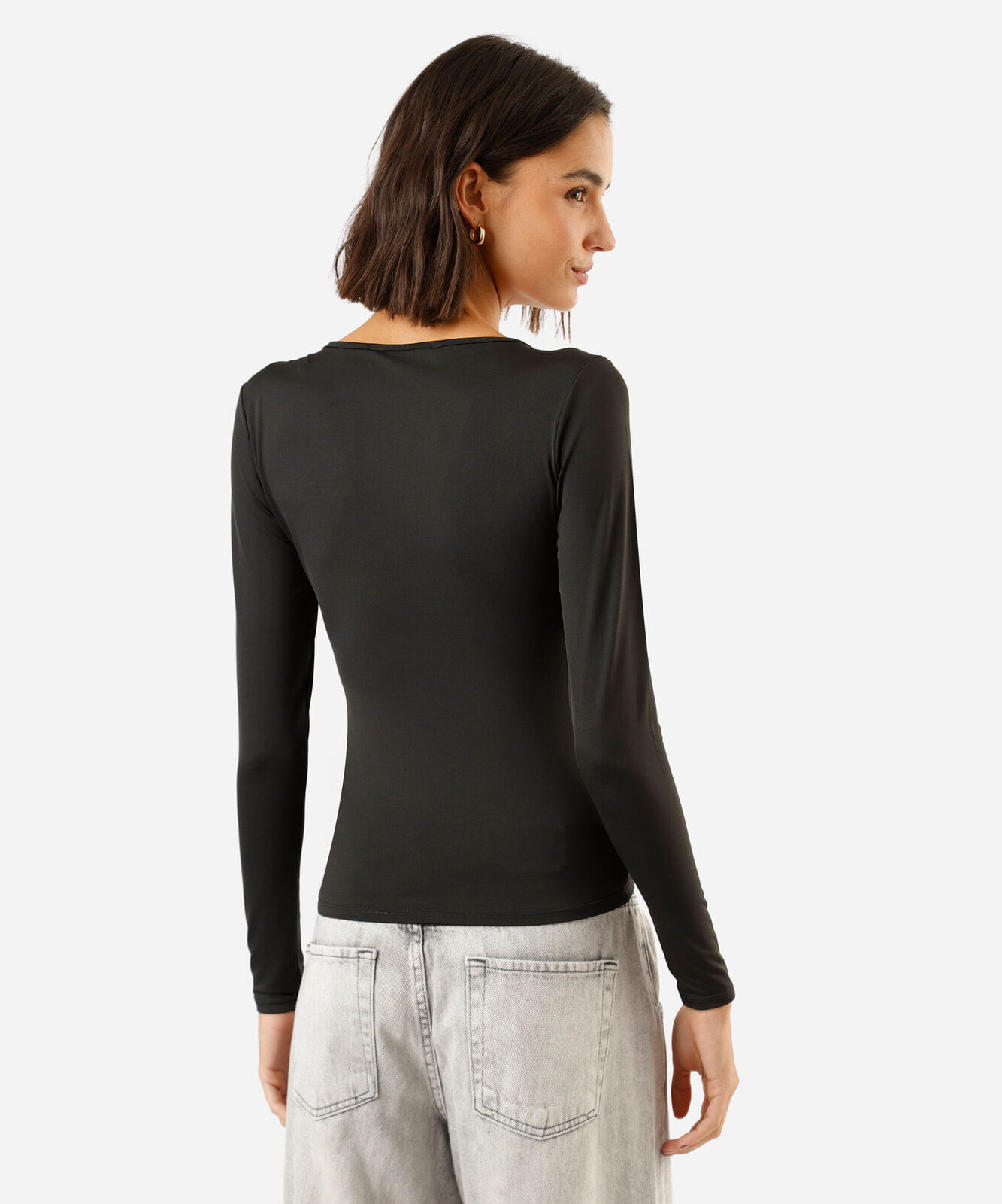 blusa feminina decote v manga longa preta