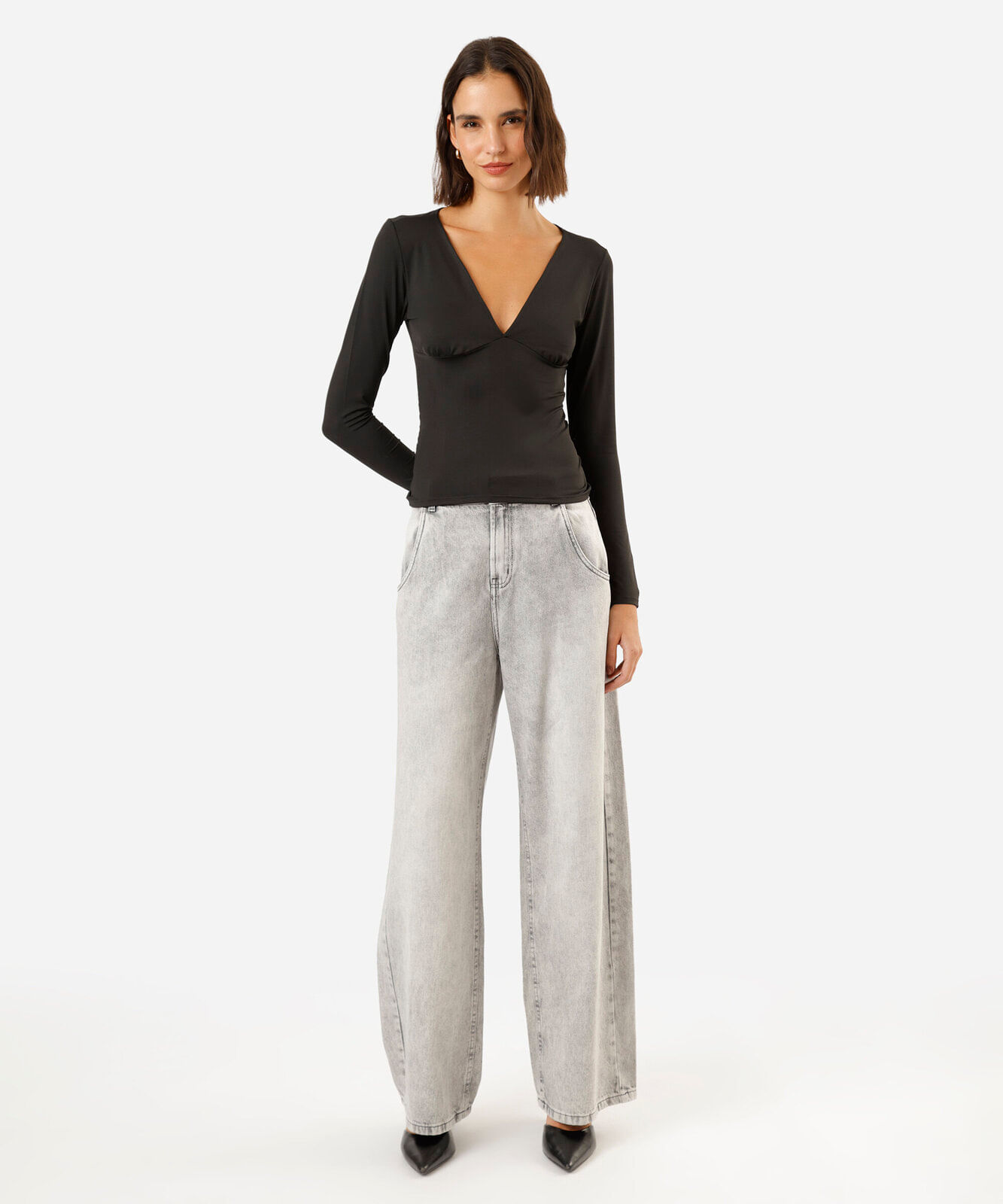 blusa feminina decote v manga longa preta